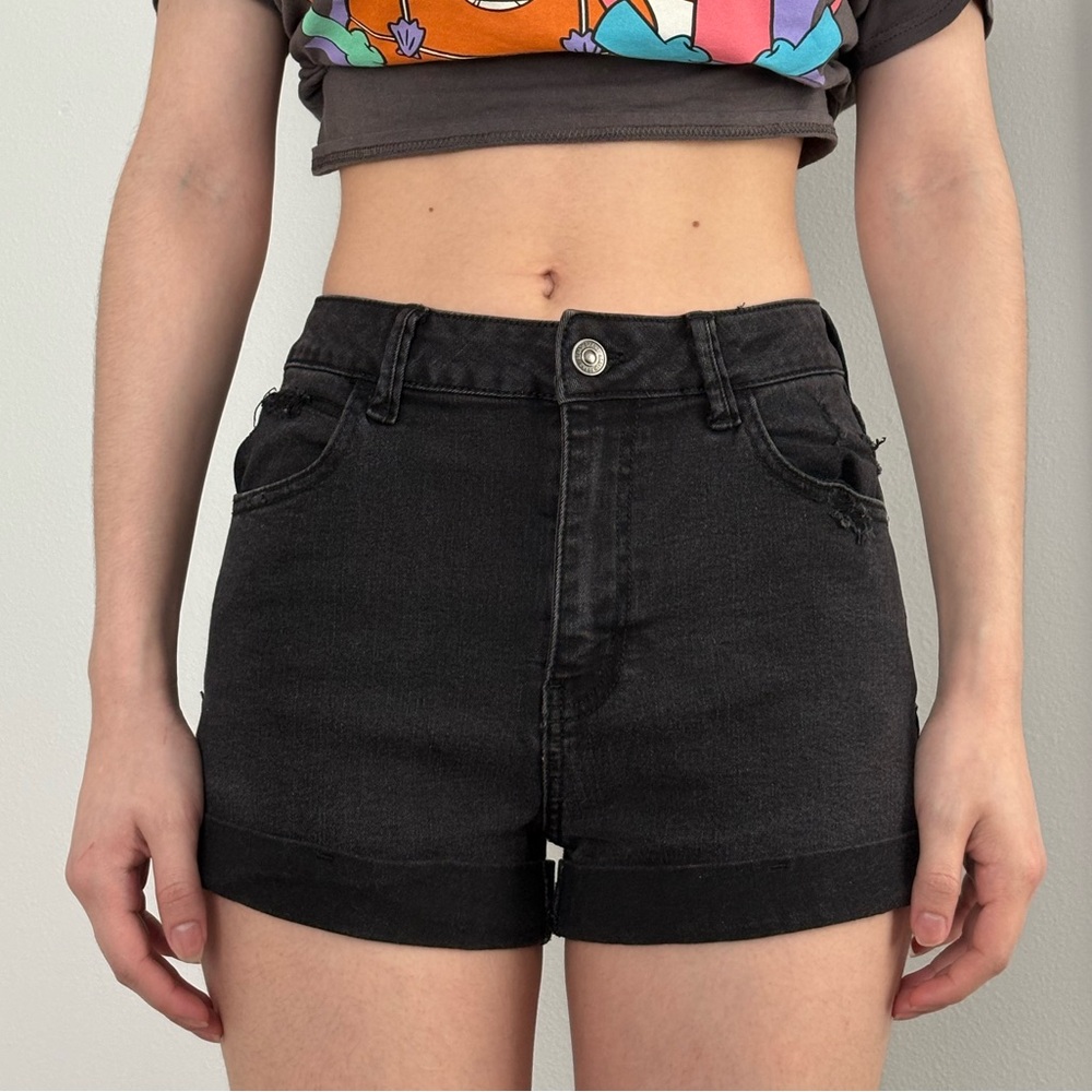 Black high-waisted denim shorts